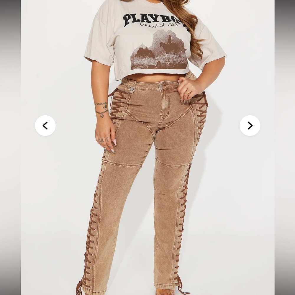 Boutique Tan Flare Pants with Lace-Up Detail - Picture 5 of 13